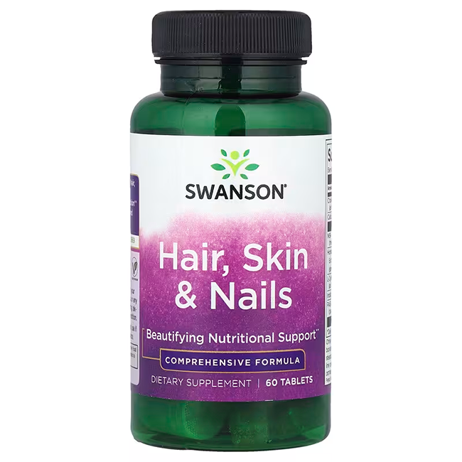 Swanson's Hair, Skin & Nails dietary supplement comes in a green bottle with 60 tablets, offering comprehensive beautifying nutritional support for vibrant hair and radiant skin.