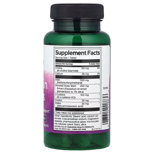 A green bottle labeled "Hair, Skin & Nails" by Swanson features a visible Supplement Facts section with ingredients like Choline and MSM for healthy nails and hair. It has a purple label at the bottom.