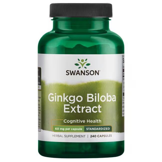 Swanson's Ginkgo Biloba Extract 60 mg, containing 240 green capsules, is renowned for its antioxidant effects and designed to support cognitive health.