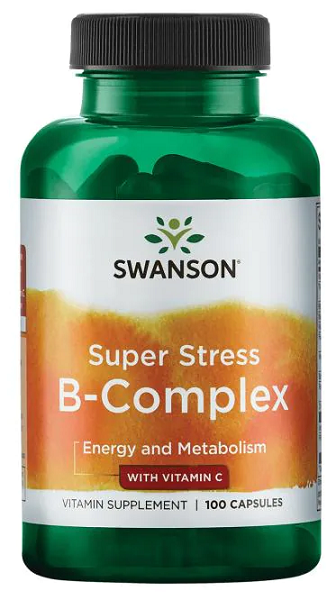 Une bouteille de Swanson B-Complex avec Vitamine C - 500 mg 100 gélules.