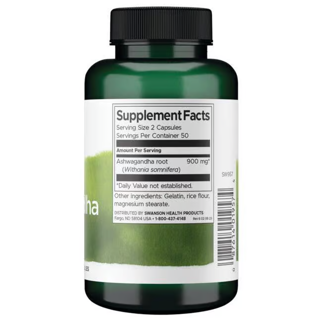 A Swanson Ashwagandha supplement bottle showcases its label and supplement facts, delivering 450 mg per capsule of this potent adaptogen rooted in Ayurvedic medicine.