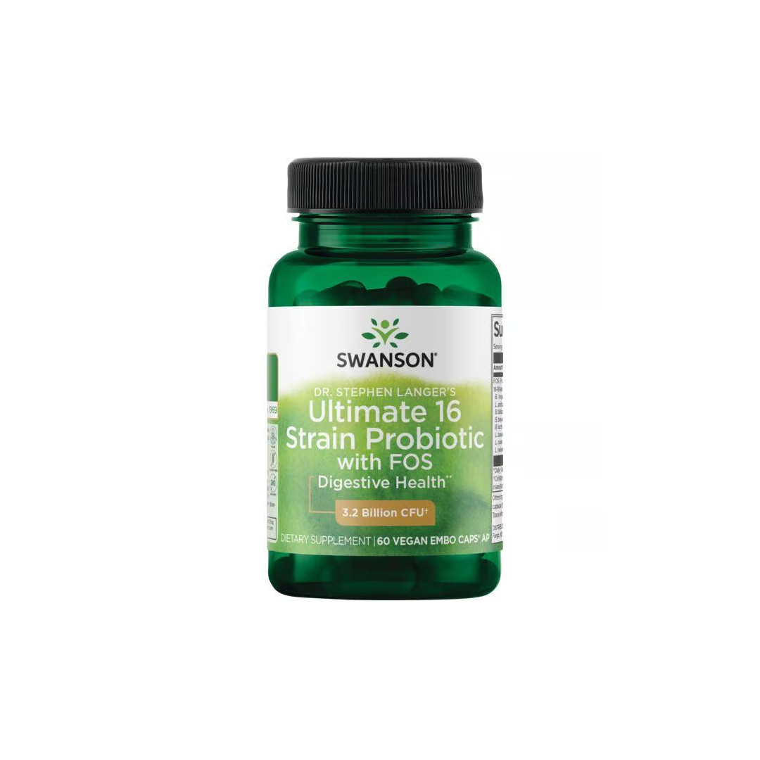 Green bottle of Swanson's Dr. Stephen Langer 16 Strain Probiotic with FOS, featuring 3.2 billion CFU, contains 60 vege capsules to boost intestinal health and support your immune system for overall digestive wellness.