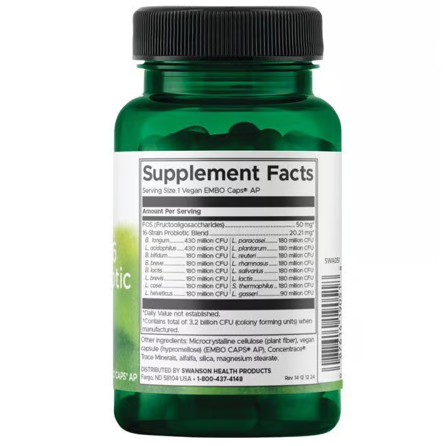 A green bottle of Swanson's Dr. Stephen Langer's Ultimate 16 Strain Probiotic with FOS features a detailed Supplement Facts label, showcasing various ingredients and amounts. Packed with probiotics, it's designed to support your intestinal function effectively in 60 veggie EMBO caps.