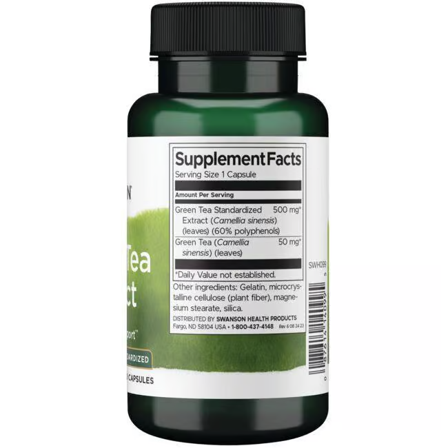 Swanson's Green Tea Extract 500 mg, 60 Capsules, comes in a green bottle with a clear supplement facts label, highlighting powerful ingredients including green tea standardized extract along with other beneficial components rich in polyphenols and antioxidants.