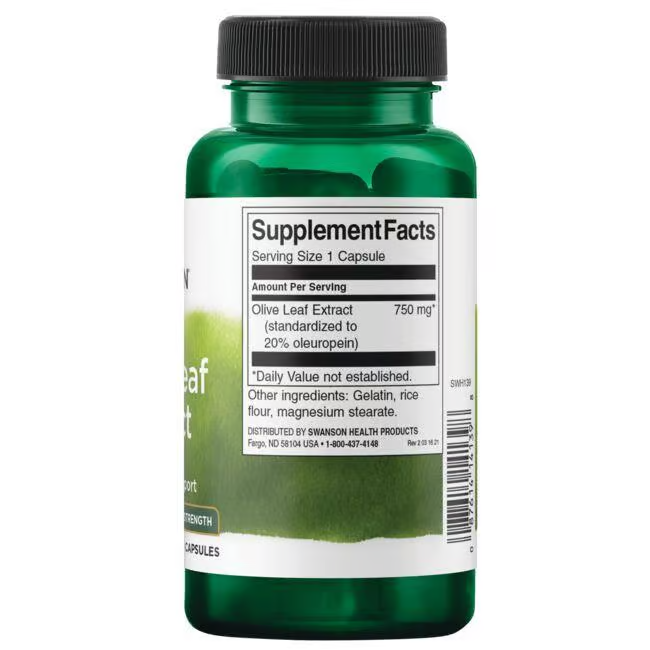 Swanson's Olive Leaf Extract 750 mg, 60 Capsules, features a green bottle with a supplement facts label. It contains oleuropein for immune support and clearly lists other ingredients.