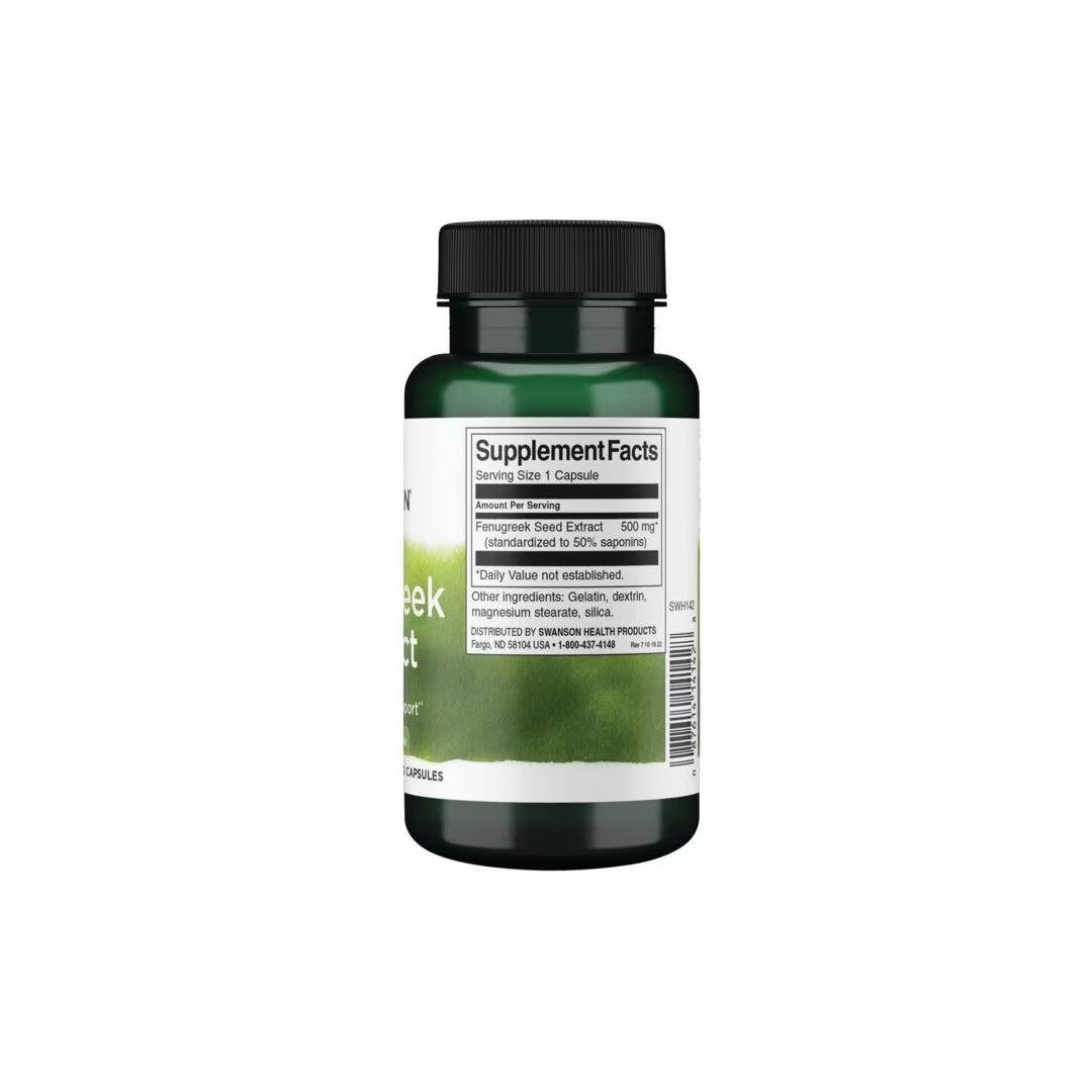 A bottle of green tea and Swanson Fenugreek Extract 500 mg 90 Capsules supplement showing the label with supplement facts.