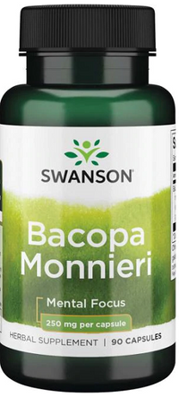 Vignette pour Swanson Bacopa Monnieri est un complément alimentaire pour la concentration mentale qui fournit 250 mg en 90 gélules.