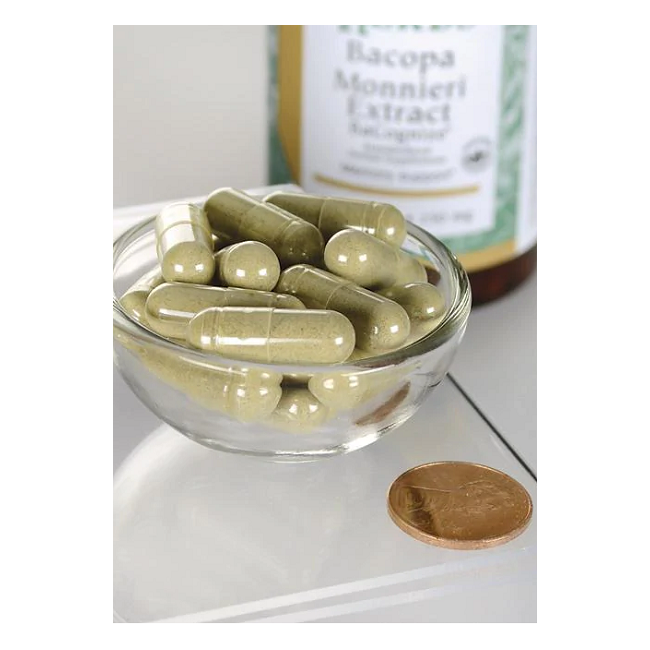 A small glass bowl filled with green capsules sits next to a penny for scale, with a blurred bottle labeled "Swanson Bacopa Monnieri 250 mg 90 Capsules," highlighting its Ayurvedic roots.