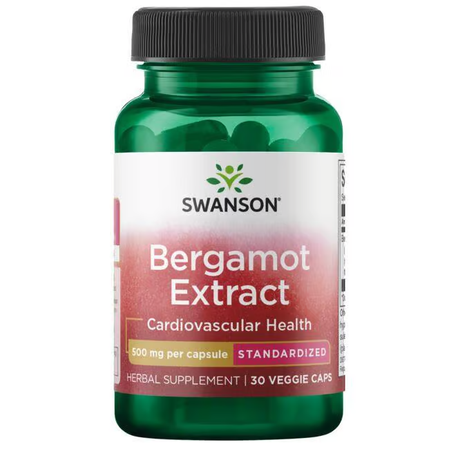 Swanson's Bergamot Extract, known for its antioxidant benefits and cardiovascular support, provides 500 mg per capsule in a green bottle containing 30 veggie capsules.