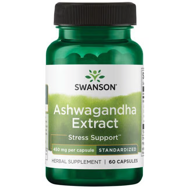 Swanson's Ashwagandha Extract offers stress relief and support with 60 capsules, standardized to 450 mg each. The bottle is green.