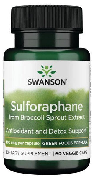 Bottle of Swanson Sulforaphane from Broccoli Sprout Extract dietary supplement, with antioxidant and detox support claims. Contains 60 veggie capsules.