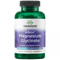 Thumbnail for Green bottle of Swanson Albion Chelated Magnesium Glycinate, a mineral supplement with 90 capsules, 133 mg each, for muscle health and nervous system stabilization.