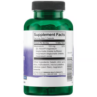 Thumbnail for Swanson's Albion Chelated Magnesium Glycinate 133 mg contains 90 capsules, offering 133 mg per serving for 32% DV. It features key ingredients like gelatin and cellulose that support muscle health and stabilize the nervous system.