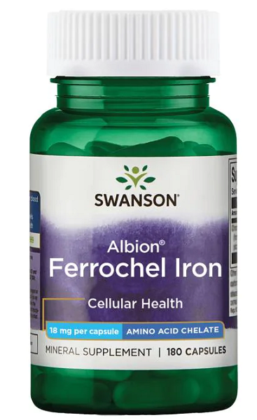 Une bouteille de Swanson Ferrochel Iron - 18 mg 180 capsules Albion Chelated.