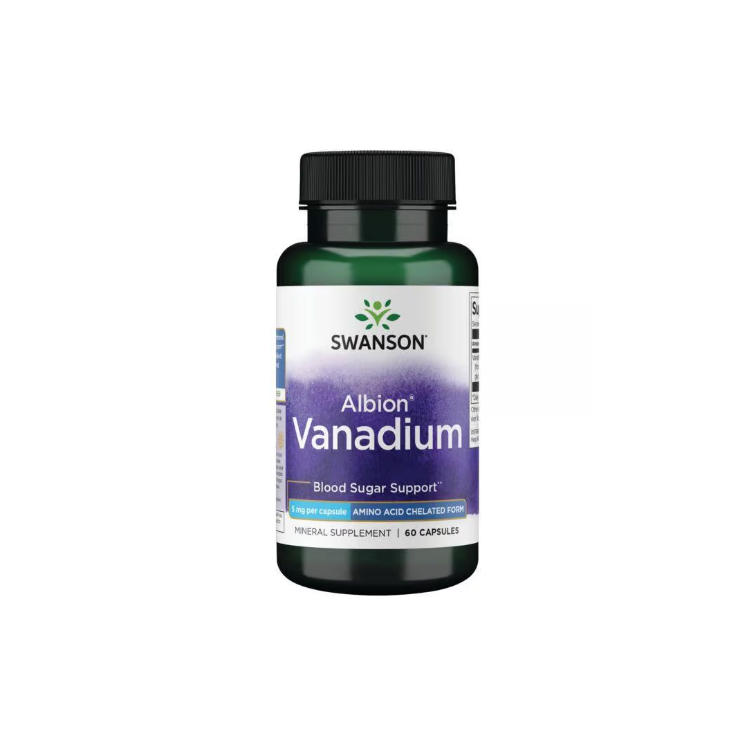 A bottle of Swanson's Albion Vanadium 5 mg, containing 60 capsules, is labeled for blood sugar support and metabolic health.