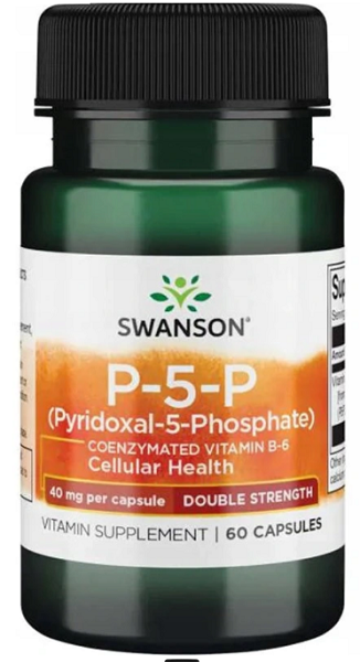 Une bouteille de Swanson P-5-P Pyridoxal-5-Phosphate Double Strength - 40 mg 60 capsules supplément pour la santé cardiovasculaire.