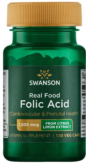 Une bouteille de Swanson Real Food Folic Acid - 1000 mcg 100 gélules végétales.