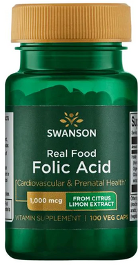 Vignette d'une bouteille de Swanson Real Food Folic Acid - 1000 mcg 100 gélules végétales.