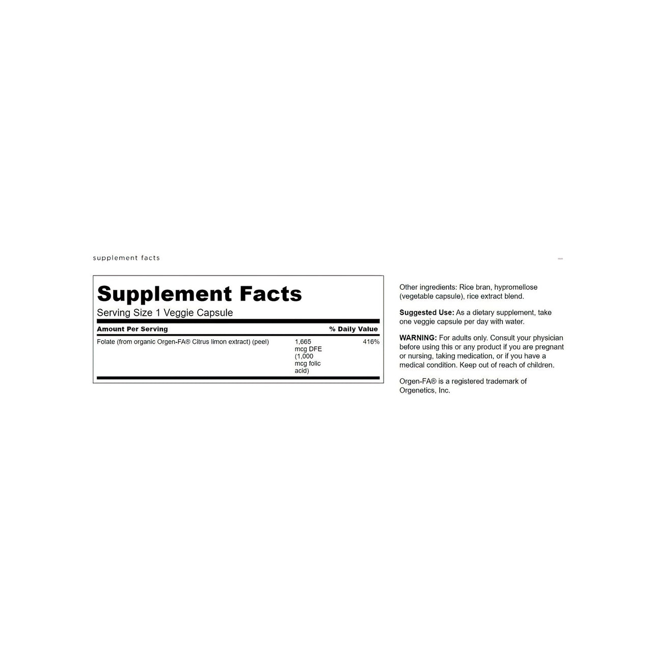 Une étiquette pour Swanson Folic Acid - 1000 mcg 100 veggie capsules Real Food supplement.