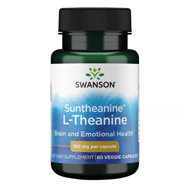 Swanson Suntheanine L-Theanine offers 100 mg per capsule to support brain and emotional health with green tea's calming power, featuring 60 veggie capsules to aid relaxation.