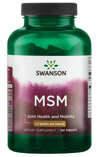 Un flacon de Swanson MSM - 1 500 mg 120 comprimés, connu pour ses bienfaits sur la santé des articulations et le soutien de la structure du collagène. Grâce à ses puissantes propriétés anti-inflammatoires, ce supplément est indispensable au maintien du bien-être général.