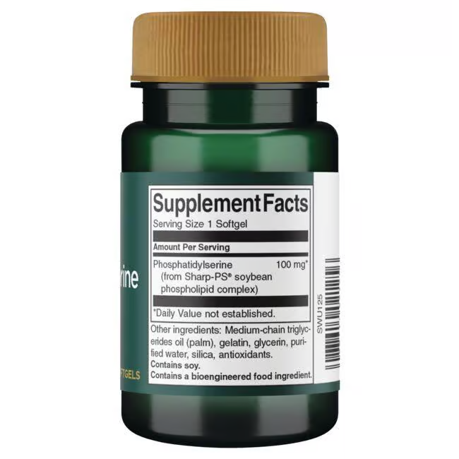 A green bottle of Swanson supplements, named Phosphatidylserine 100 mg 30 Softgels, is designed to support brain health and features a label listing the main supplement ingredient: Phosphatidylserine 100 mg. It also contains other ingredients such as MCT oil, gelatin, glycerin, and purified water and includes bioengineered ingredients.