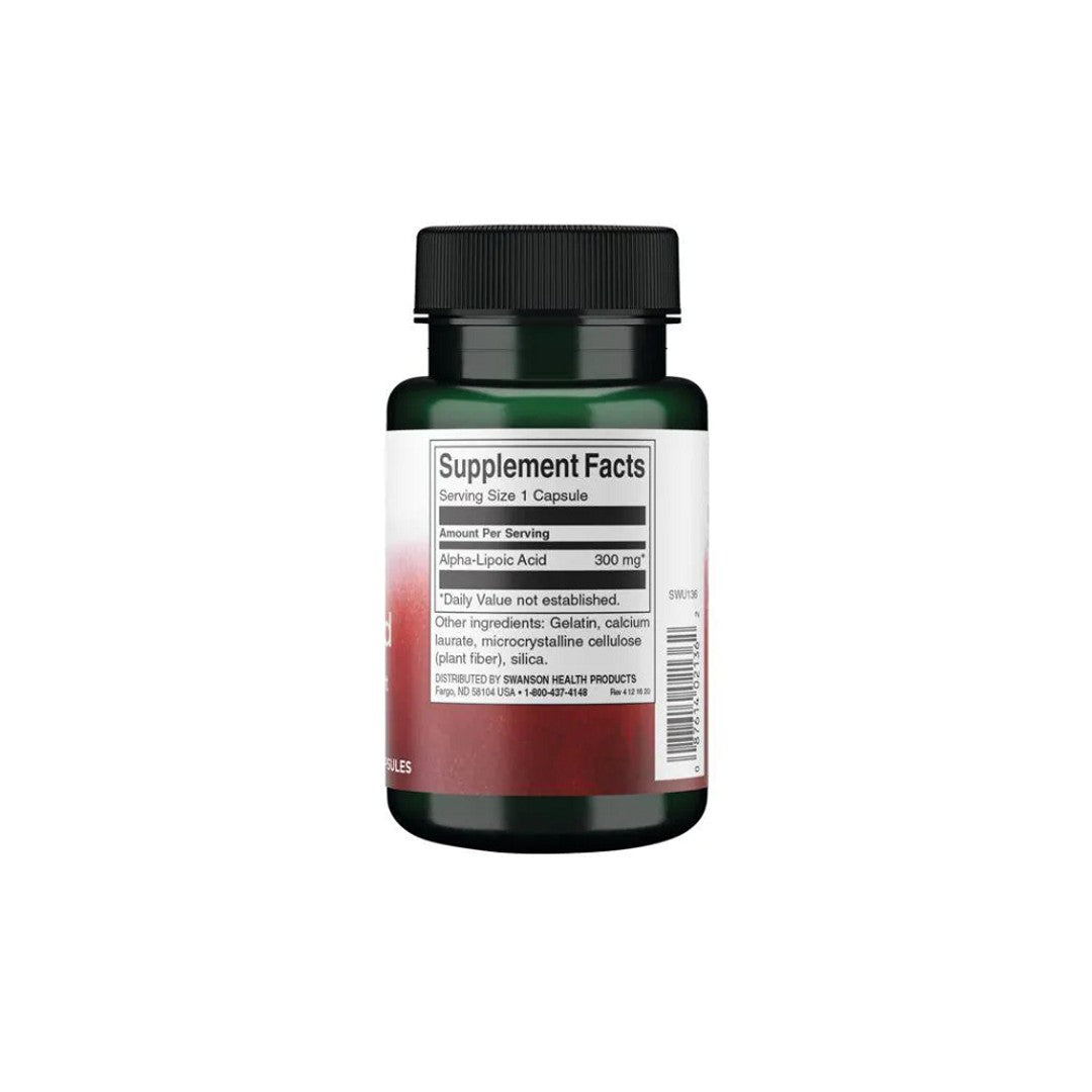 L'arrière d'une bouteille d'acide alpha-lipoïque - 300 mg 60 gélules par Swanson.