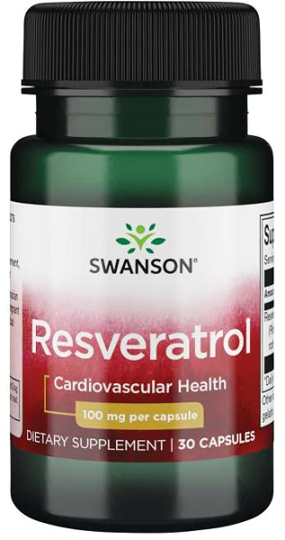 Une bouteille de Resveratrol de Swanson- 100 mg 30 gélules, offrant une protection antioxydante pour la longévité cellulaire.