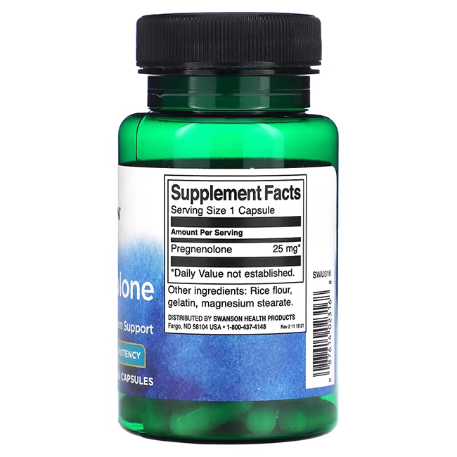 Swanson's Pregnenolone 25 mg High Potency, 60 Capsules in a green bottle, supports brain function. The supplement facts label lists 25 mg per serving, with additional ingredients: rice flour, gelatin, and magnesium stearate.