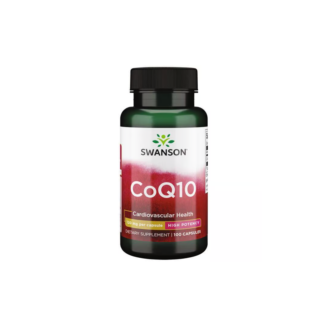 Swanson Coenzyme Q10 supplement offers cardiovascular health benefits and energy production support, containing 100 high-potency capsules, each with 120 mg.