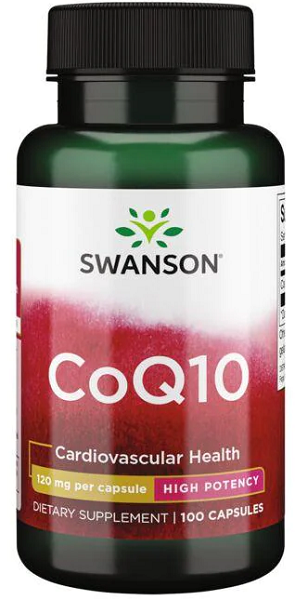Une bouteille de Swanson Coenzyme Q1O - 120 mg 100 gélules.