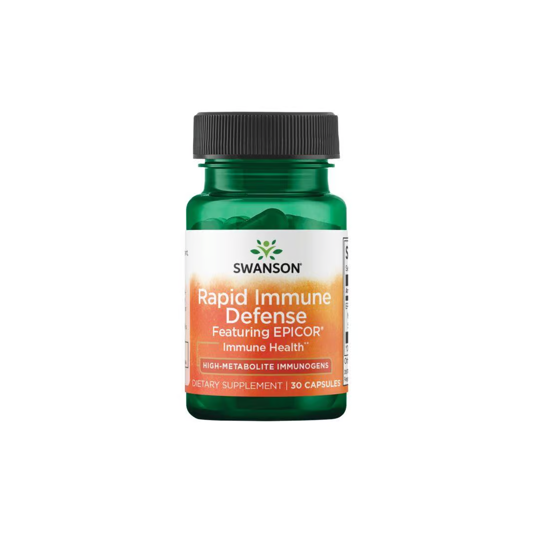 The Swanson Rapid Immune Defense, featuring EpiCor, offers 30 capsules in a green bottle to support immune health and antioxidant effects.