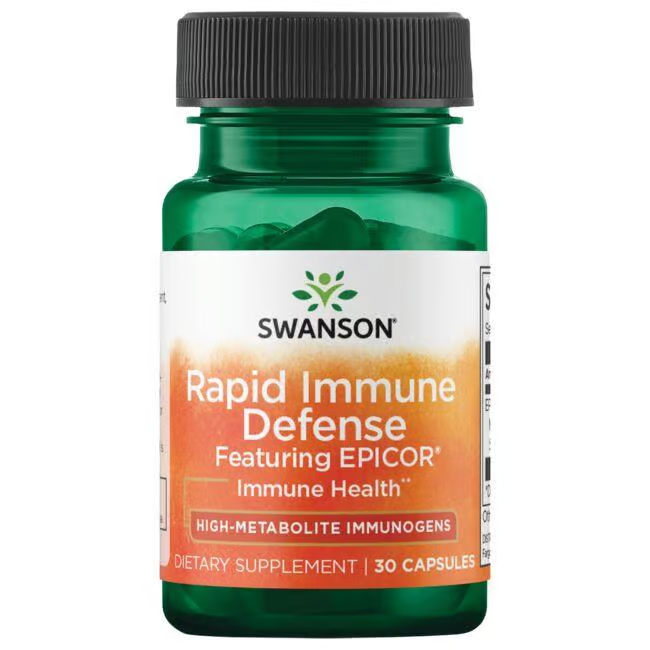 A green bottle of Swanson's Rapid Immune Defense, containing 30 capsules of EpiCor 500 mg, features an orange and white label with the brand logo, promoting its immune-boosting and antioxidant benefits for optimal health.