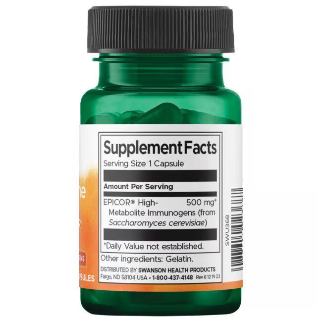 The green bottle of Swanson's Rapid Immune Defense contains capsules with 500 mg of EpiCor® High-Metabolite Immunogens and gelatin, both aimed at boosting immune health.