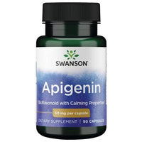 Thumbnail for A bottle of Swanson Apigenin 50 mg 90 Capsules, offering calming properties and aiding in stress relief.