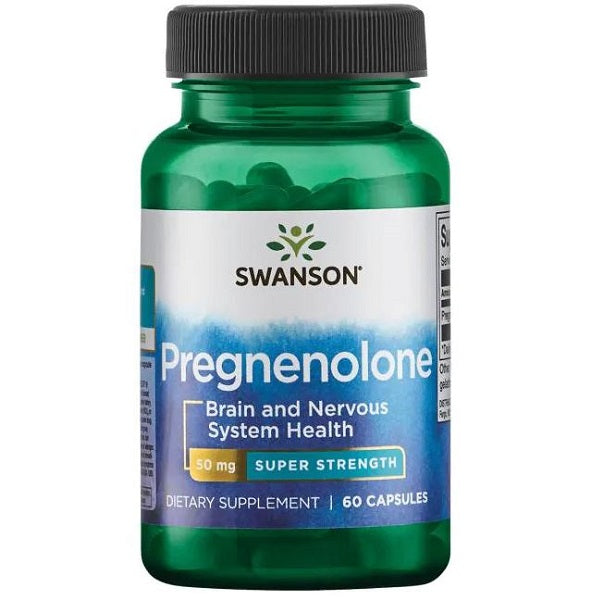 Un flacon de Swanson Pregnenolone - 50 mg 60 gélules, un précurseur hormonal connu pour soutenir les fonctions cérébrales.