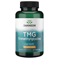 Thumbnail for Green bottle of Swanson TMG Trimethylglycine, labeled for liver health, offers 500 mg per capsule to support liver detoxification and cardiovascular health. Contains 90 capsules.