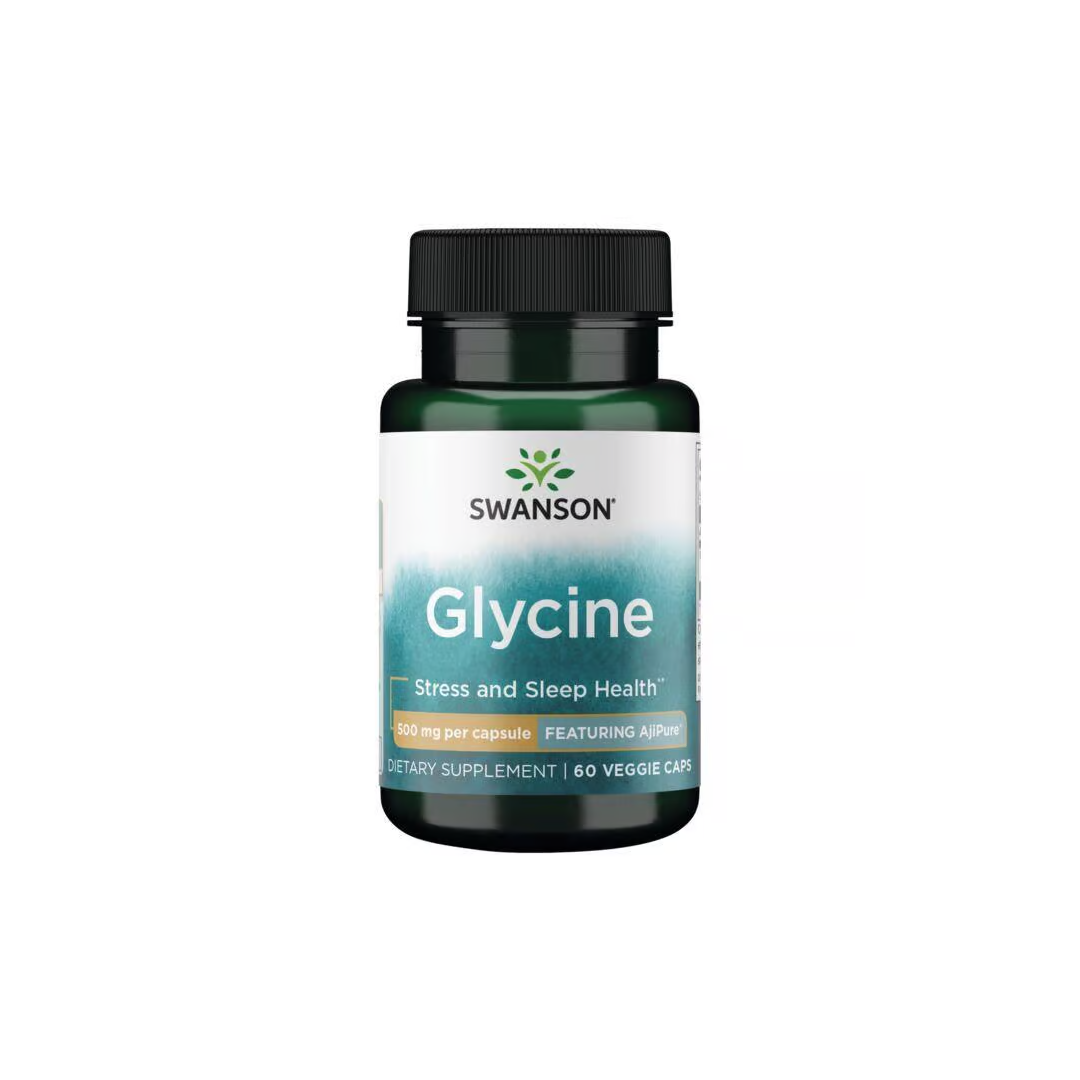 A bottle of Swanson Glycine - Featuring AjiPure with 60 veggie capsules, designed to enhance stress and sleep quality, contains 500 mg of the amino acid glycine per capsule.