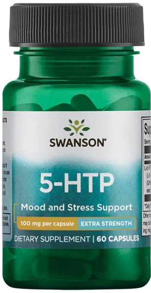 Une bouteille de Swanson 5-HTP Extra Strength - 100 mg 60 gélules pour le soutien de l'humeur et du stress.