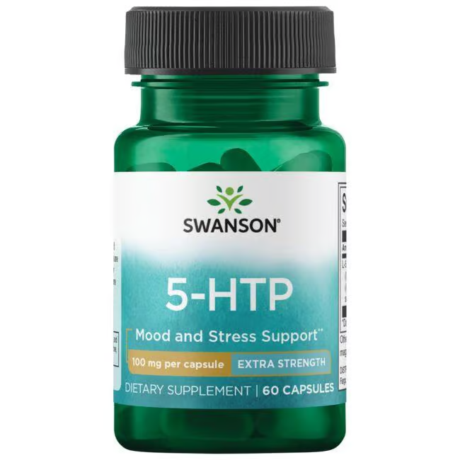 A green bottle, "Swanson 5-HTP (Hydroxytryptophan) 100 mg," contains 60 extra strength capsules from Griffonia simplicifolia, enhancing serotonin levels.