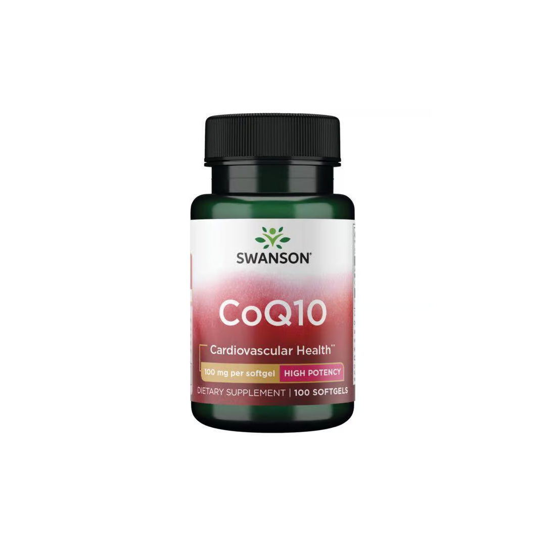 A bottle of Swanson's CoQ10 100 mg, labeled as high potency for heart health and known for its antioxidant properties, contains 100 softgels.