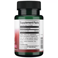 Thumbnail for Swanson's CoQ10 100 mg 100 Softgels is a high-potency dietary supplement made in Canada, known for promoting heart health and offering antioxidant benefits. The label lists supplement facts and ingredients. Contains soy.