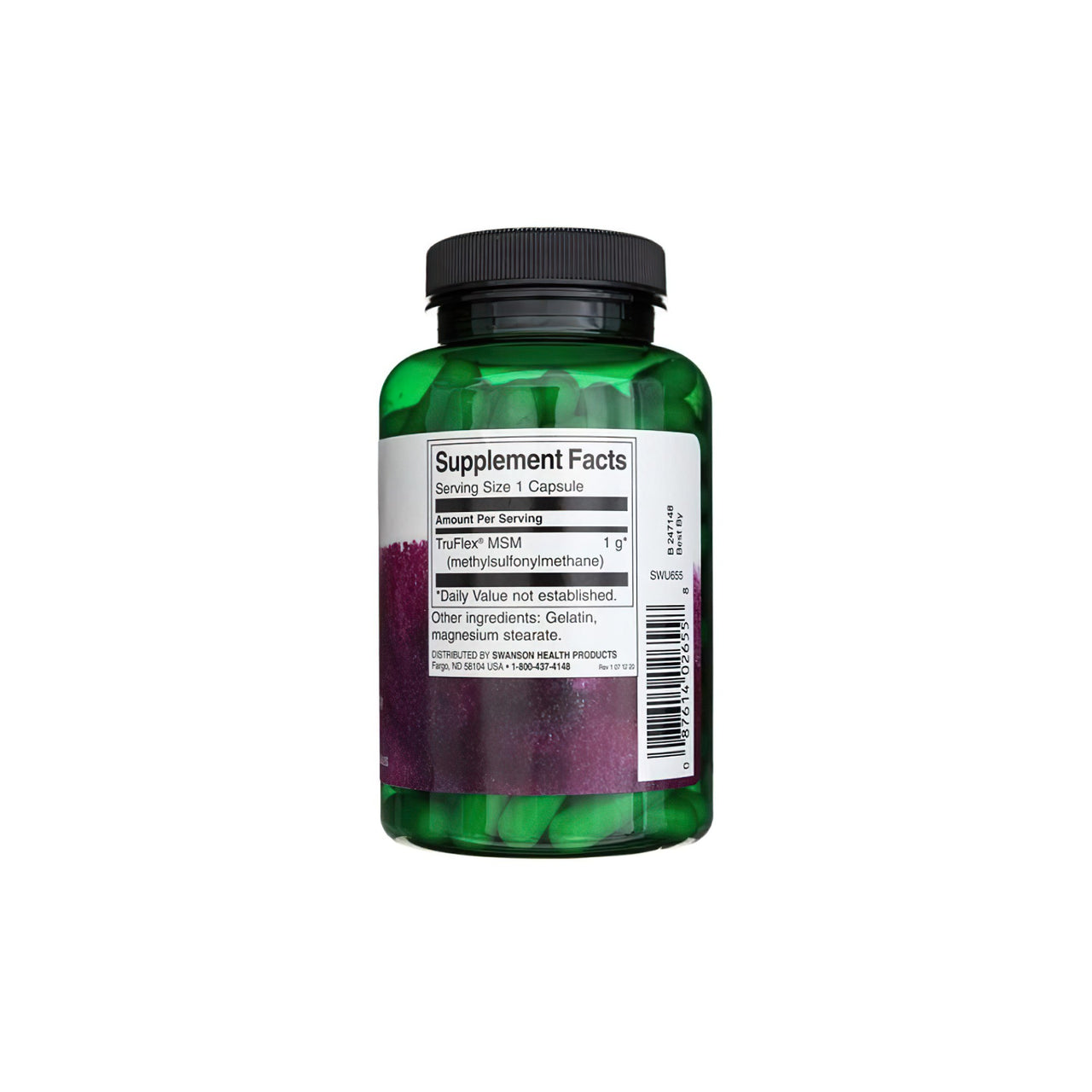 Une bouteille de Swanson MSM 1000 mg 120 gélules de compléments alimentaires pour la santé des articulations sur un fond blanc.