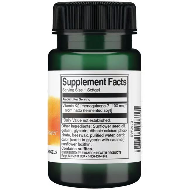 A bottle of Swanson's Vitamin K2- MK-7 100 mcg 30 Softgels showcases a clear label with supplement facts that highlight Menaquinone-7 from Natto as a key ingredient.