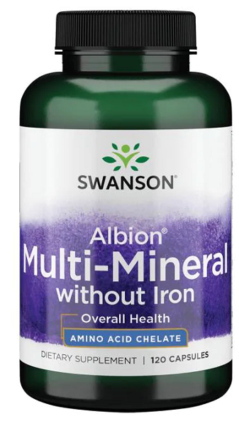 Swanson Multi-Minéral sans Fer Albion - 120 gélules, utilisant les technologies de chélation d'Albion pour des glycinates de minéraux hautement absorbables.