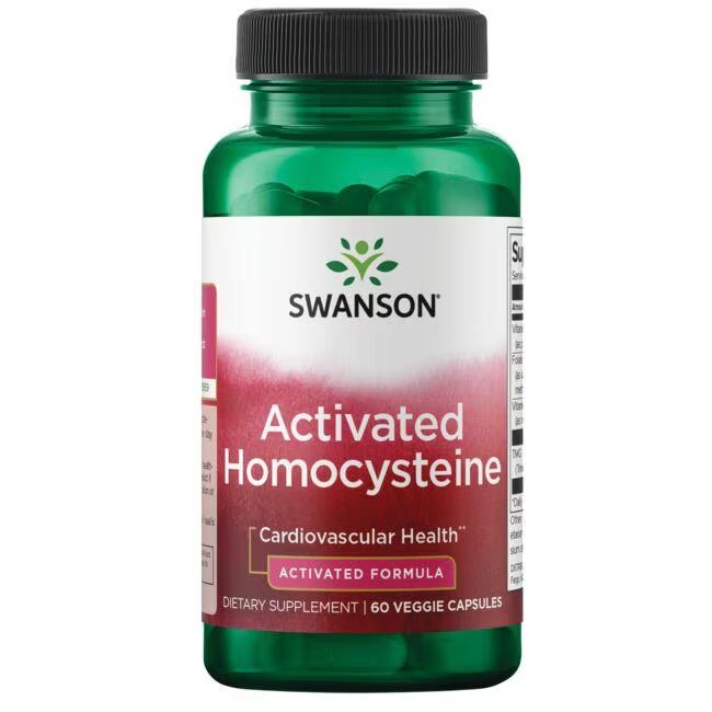 A bottle of Swanson Activated Homocysteine 60 Veggie Capsules dietary supplement, designed for heart health and cardiovascular support.