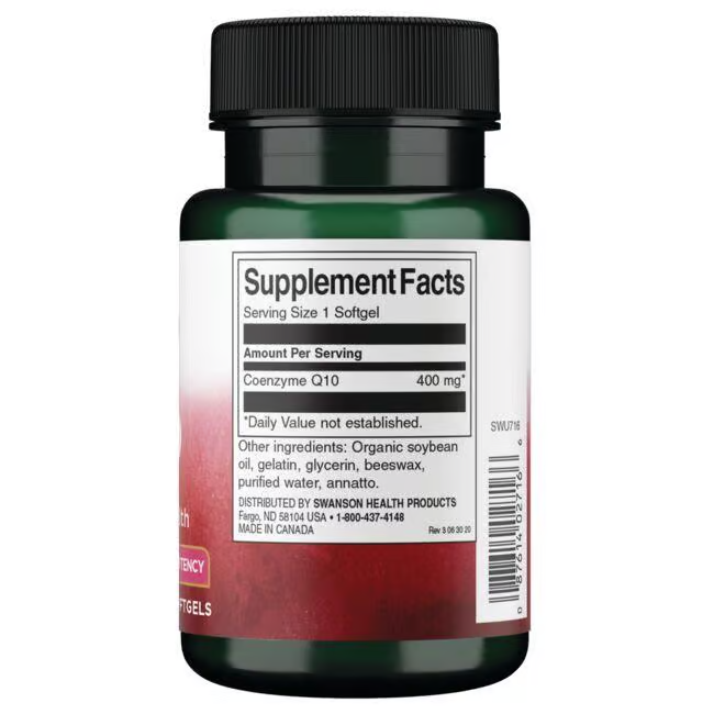 A green bottle of Swanson Coenzyme Q10 400 mg 30 Softgels, featuring its supplement facts label, promises to support energy production with potent antioxidant effects.