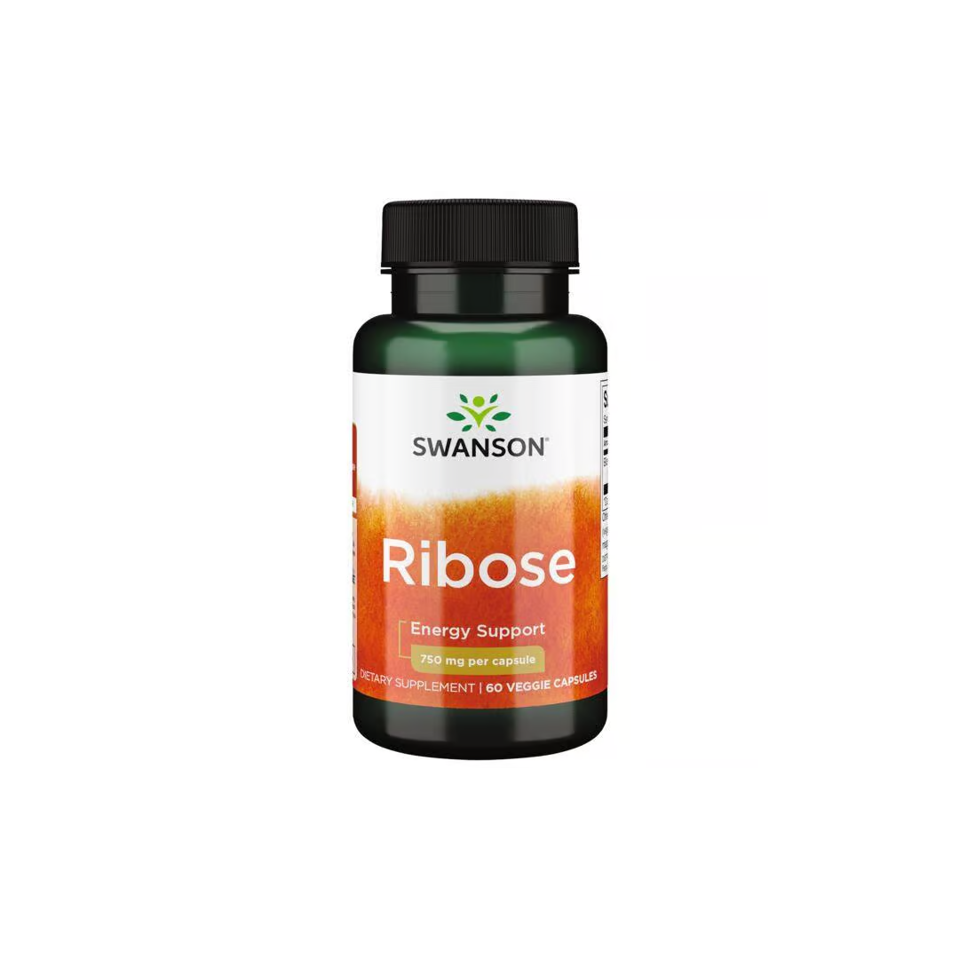 Swanson's Ribose 750 mg supplement offers 60 veggie capsules, each featuring Bioenergy Ribose to promote energy production.