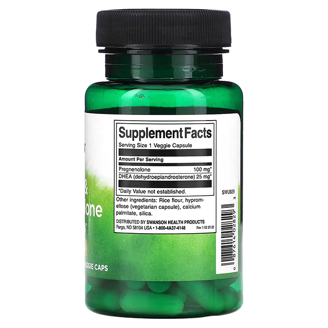 Swanson's green bottle of 60 veggie capsules features a clear supplement facts label with 100 mg Pregnenolone and 25 mg DHEA, designed to support hormonal balance.