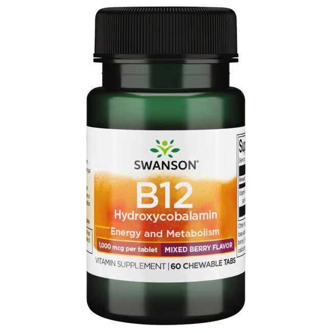 Swanson's Vitamin B-12 1000 mcg, 60 chewable tablets, offers mixed berry flavor for energy production and metabolism support.